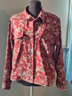 Christopher & Banks Stretch Jacket Red & Gold Leaf Print Fall Vibes Size M